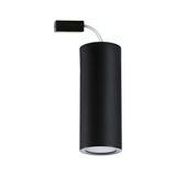 Black cylindrical metal LED ceiling light with white cable for modern indoor lighting