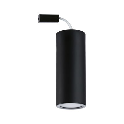 Black cylindrical metal LED ceiling light with white cable for modern indoor lighting