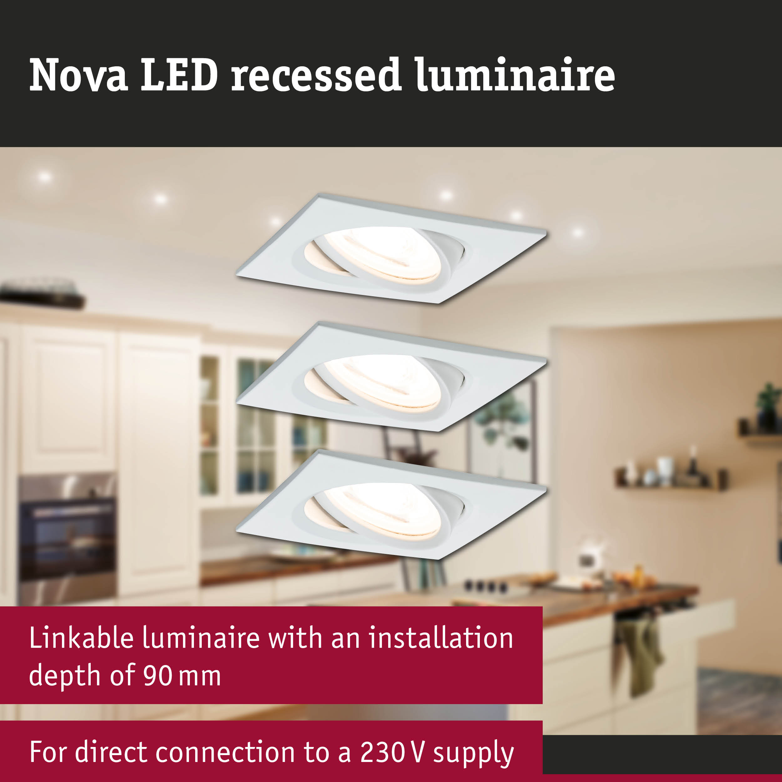 Nova LED recessed luminaire in white with 90 mm installation depth for direct 230V power connection