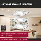 Nova LED recessed luminaire in white with 90 mm installation depth for direct 230V power connection