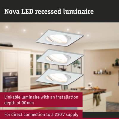 Nova LED recessed luminaire in white with 90 mm installation depth for direct 230V power connection