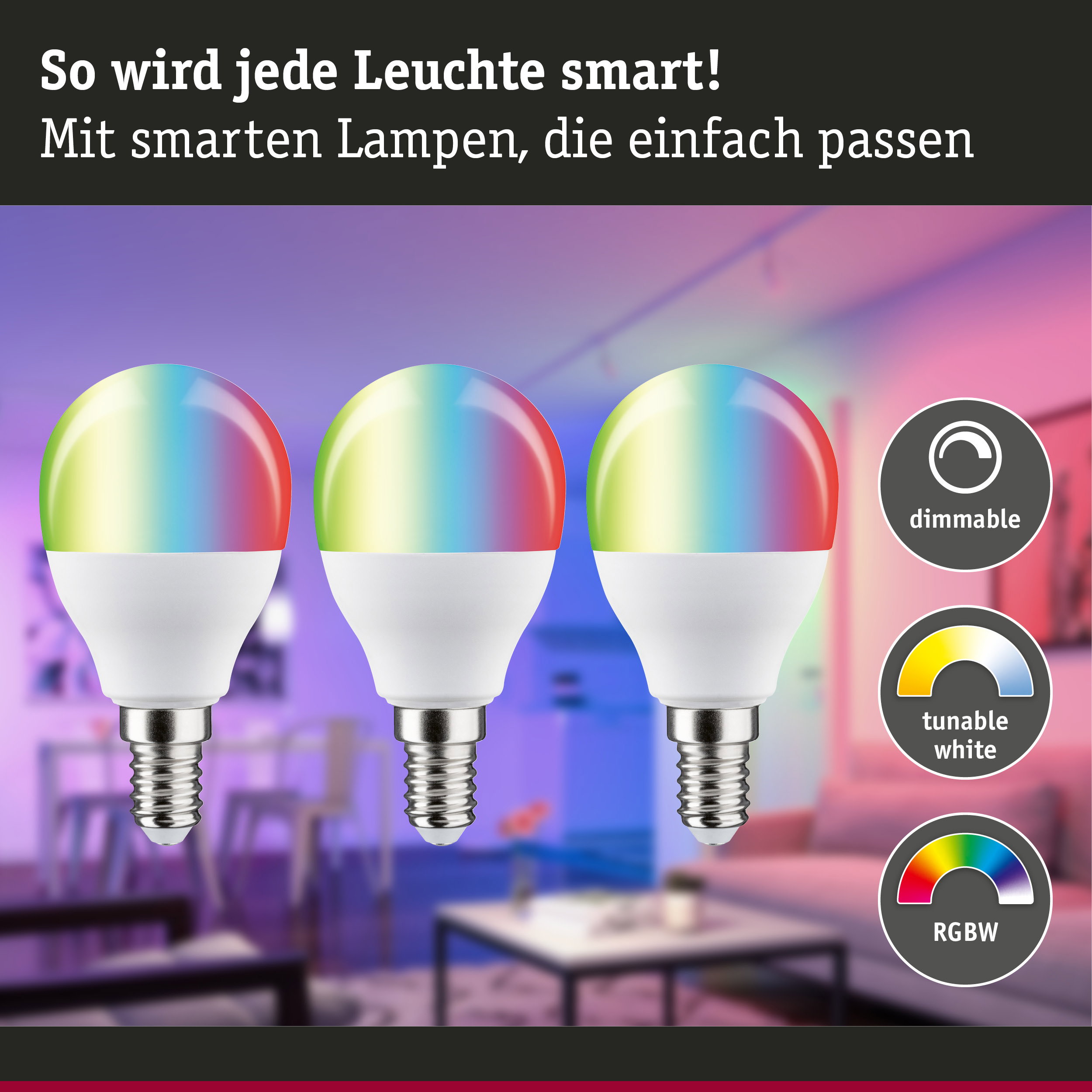Drei smarte LED-Lampen mit RGBW-Farbwechsel und dimmbarer, einstellbarer Weißlichtfunktion