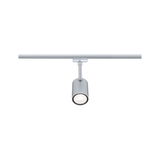 Moderne zilverkleurige metalen LED-spot op railsysteem voor flexibele verlichting