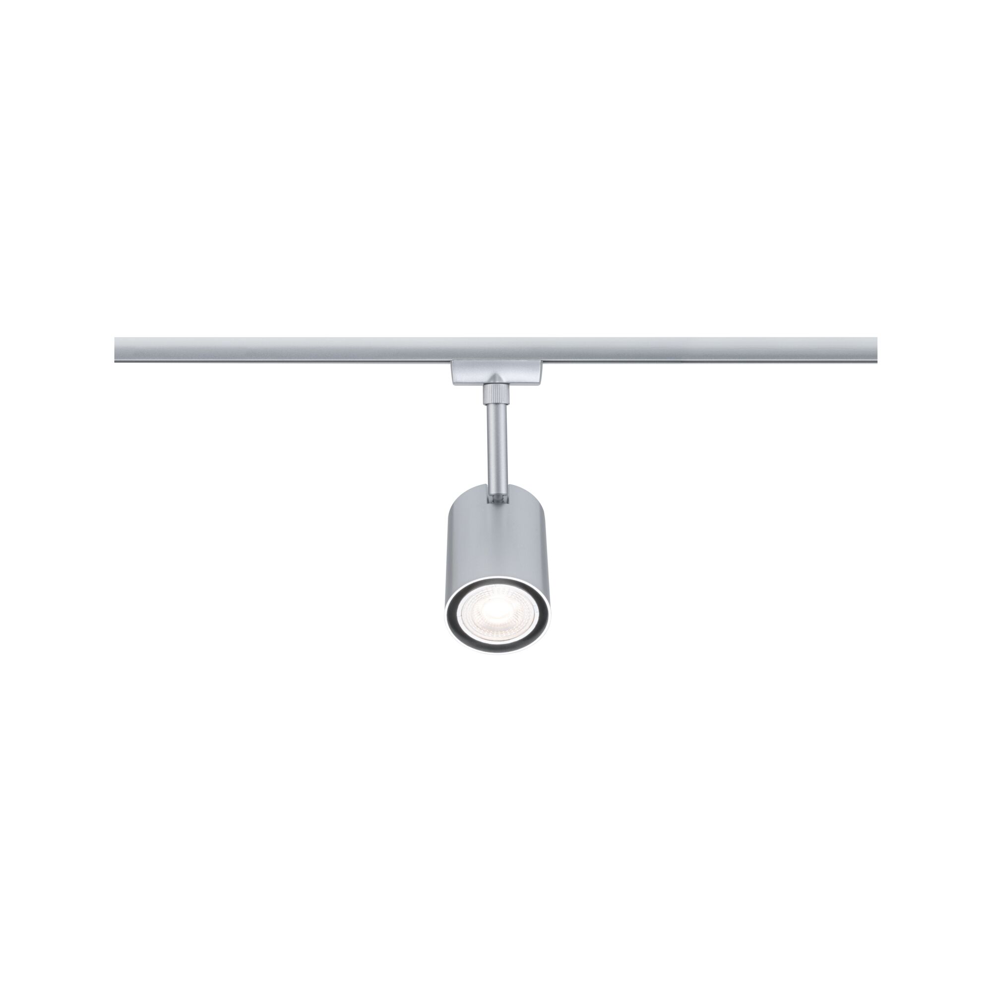 Moderner silberner LED-Strahler aus Metall an Schienensystem für flexible Beleuchtung