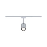 Moderner silberner LED-Strahler aus Metall an Schienensystem für flexible Beleuchtung