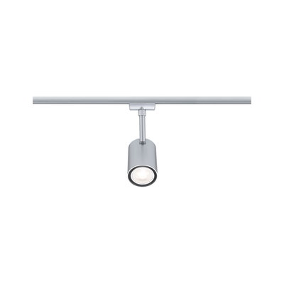 Moderner silberner LED-Strahler aus Metall an Schienensystem für flexible Beleuchtung