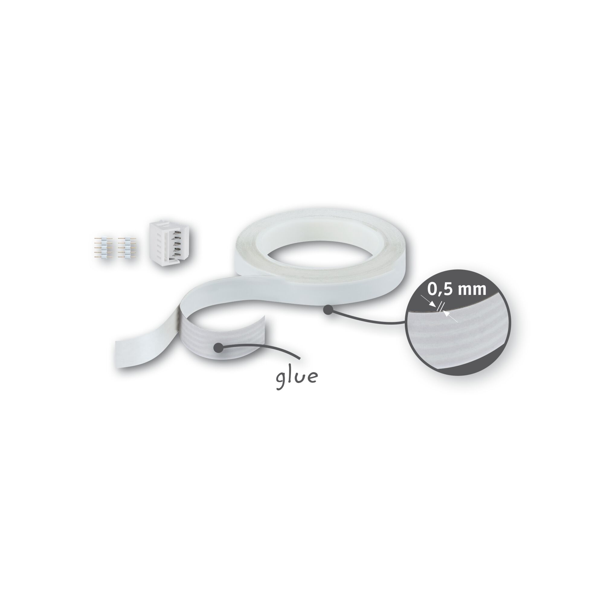 White adhesive tape 0.5 mm thick with glue surface, accessory for LED strip installation