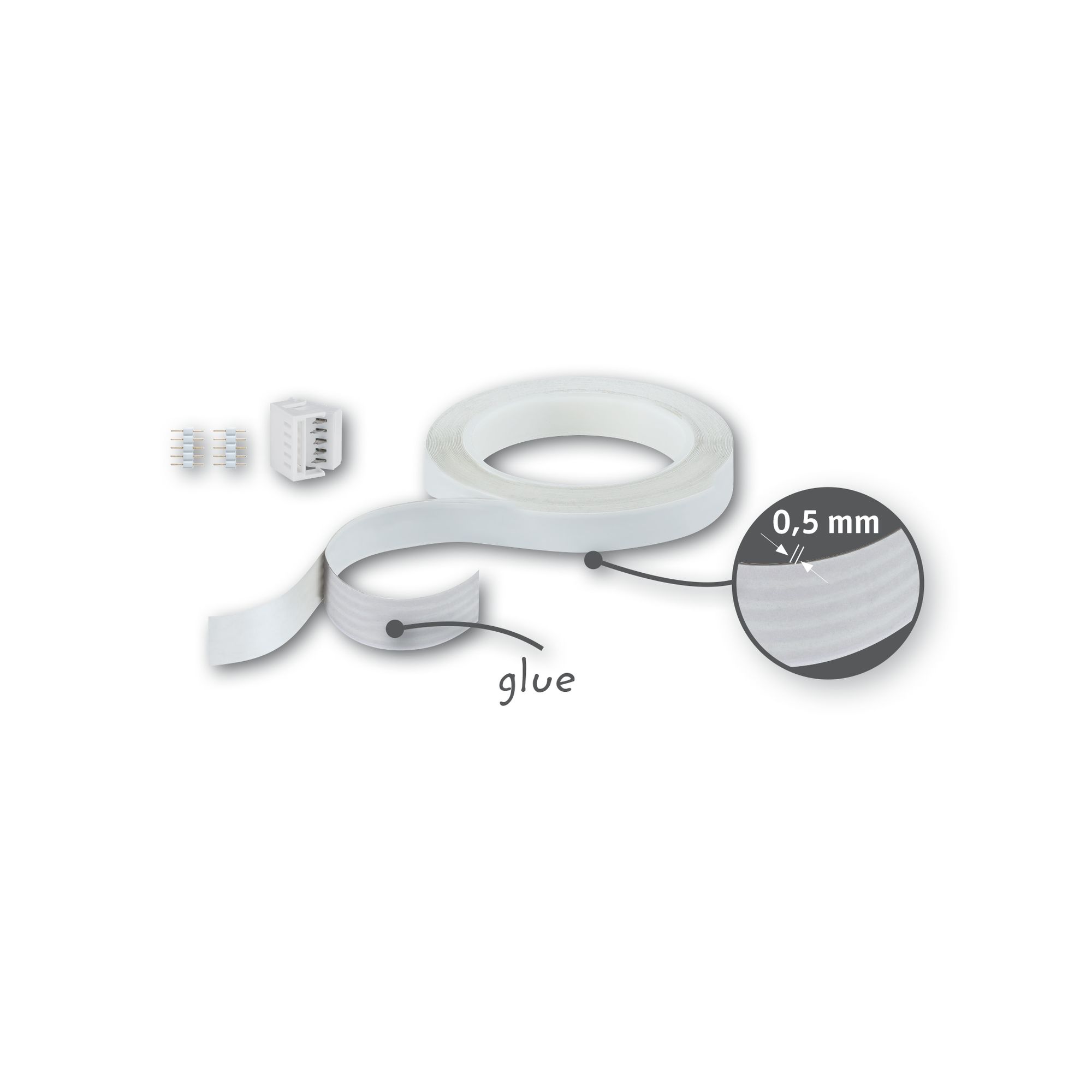 White 0.5 mm thick LED adhesive tape with connectors for LED strip installation