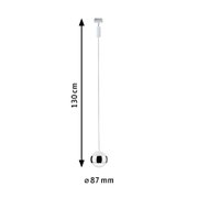 Modern pendant light with white cable and chrome spherical shade, 130 cm length, LED lighting fixture