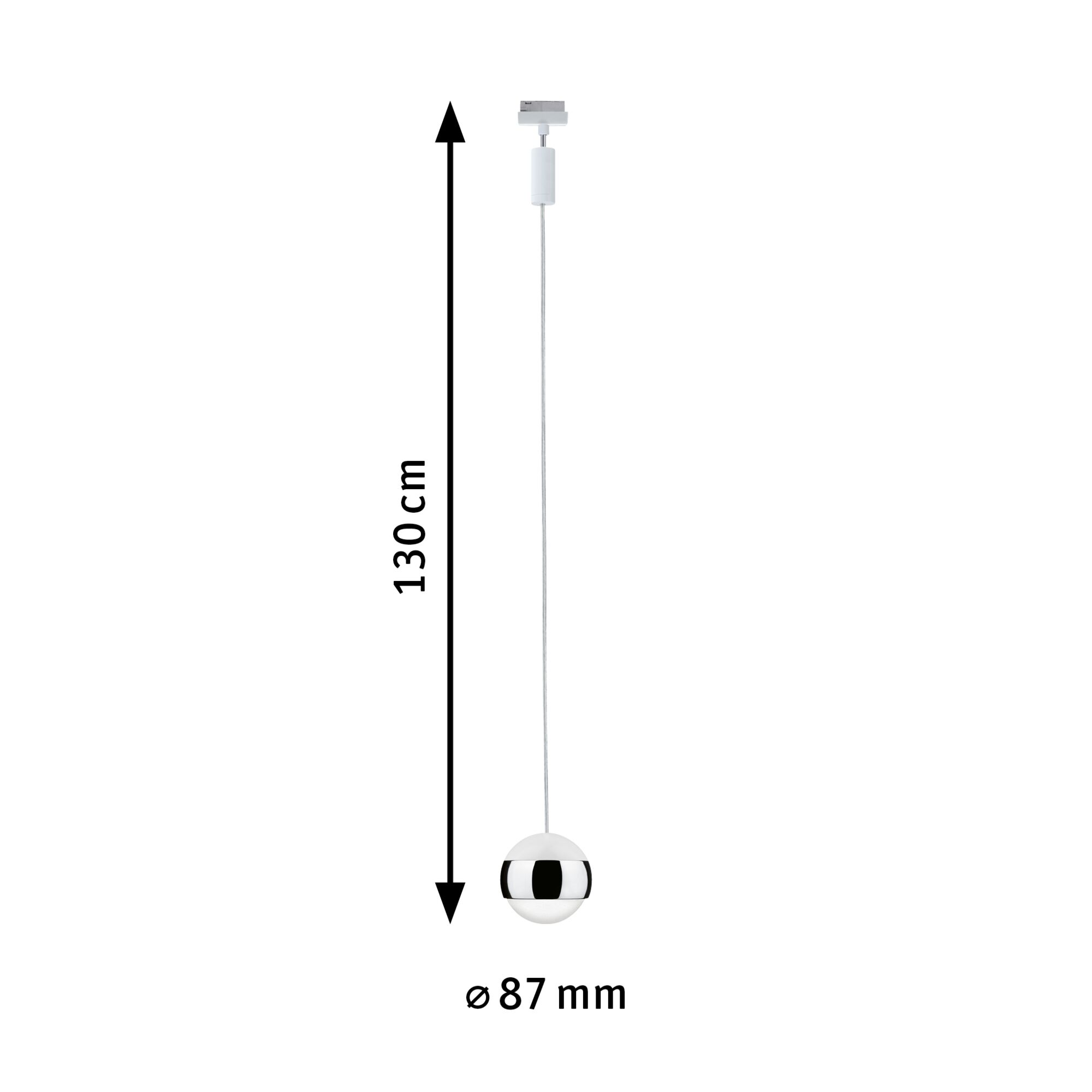 Moderne Pendelleuchte mit weißem Kabel und chromfarbenem Kugelschirm, 130 cm Länge, LED Beleuchtung