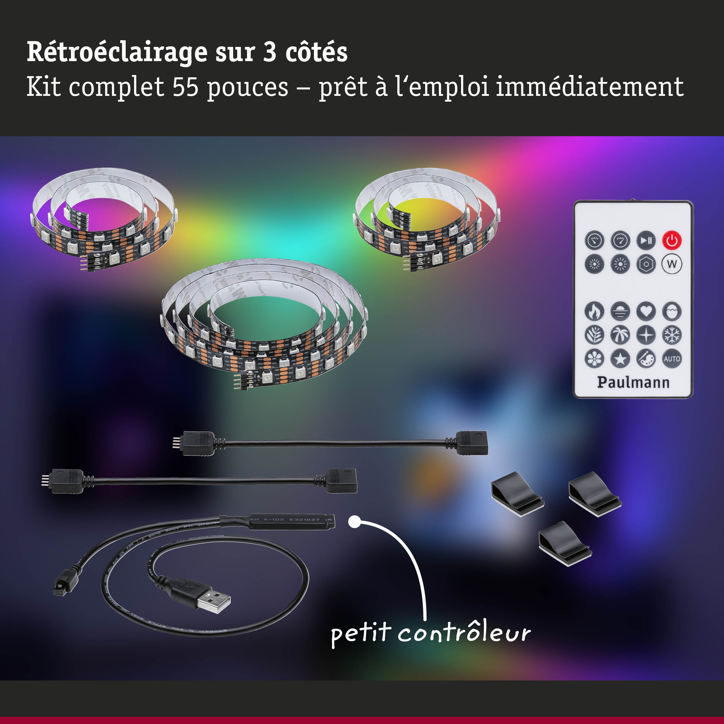 Kit bande LED RGB 55 pouces avec télécommande et accessoires pour rétroéclairage multicolore