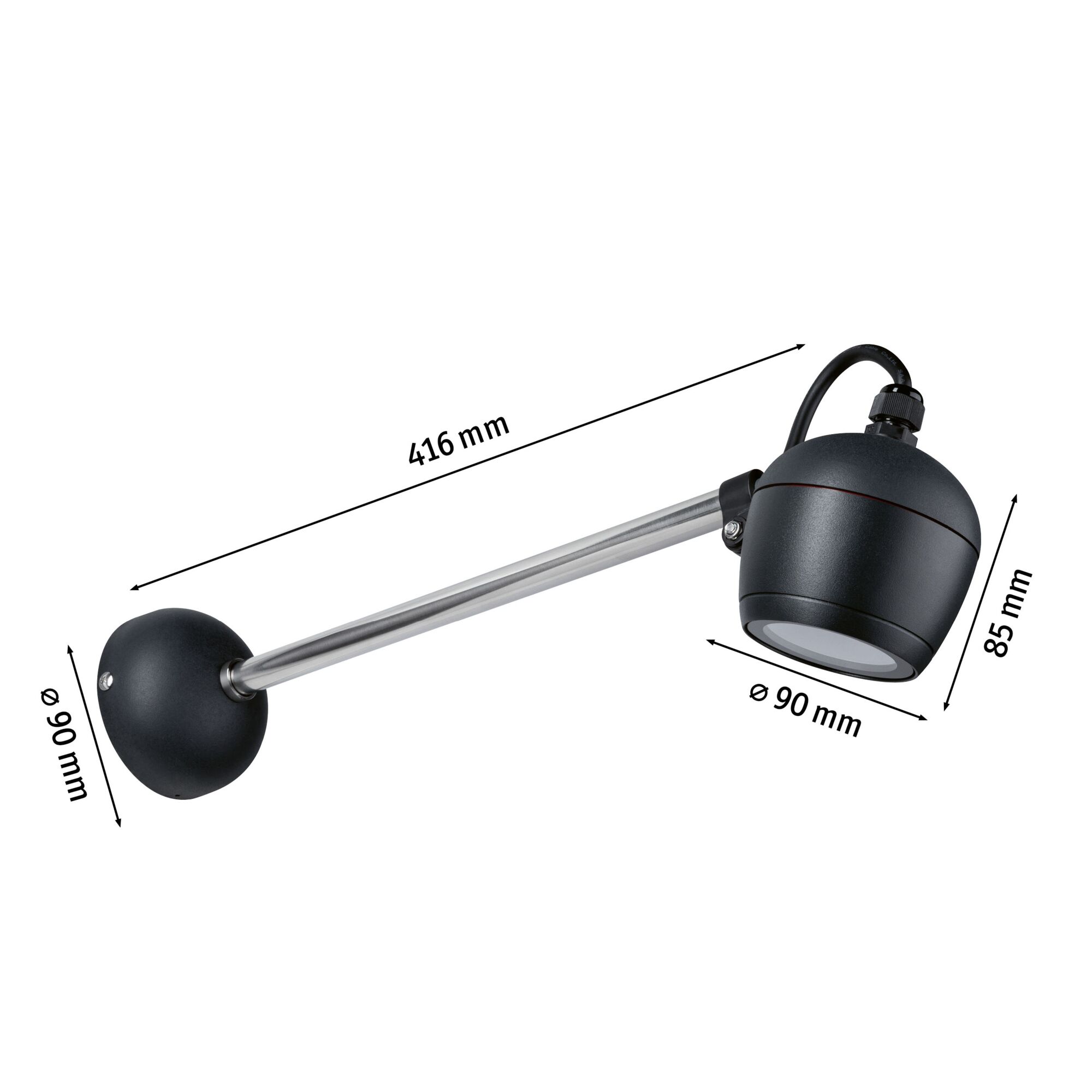 Schwarze LED-Wandleuchte mit Edelstahlarm, 416 mm lang, 90 mm Durchmesser, moderne Innenbeleuchtung