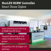 Modern white kitchen with green LED under-cabinet lighting, smart home RGBW MaxLED controller