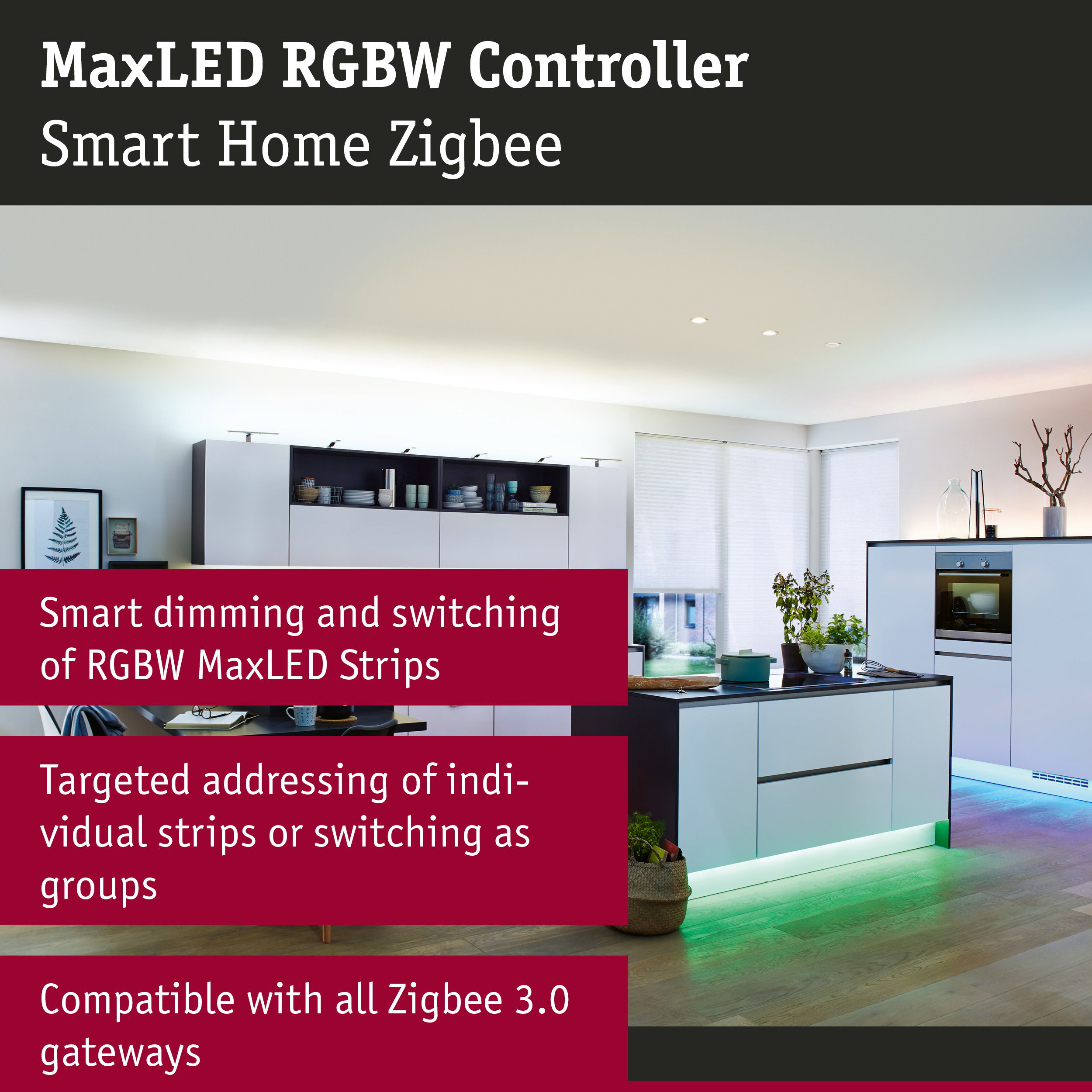 Modern white kitchen with green LED under-cabinet lighting, smart home RGBW MaxLED controller