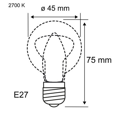 Technical drawing of an E27 LED bulb with 45 mm diameter and 75 mm height, 2700 K color temperature
