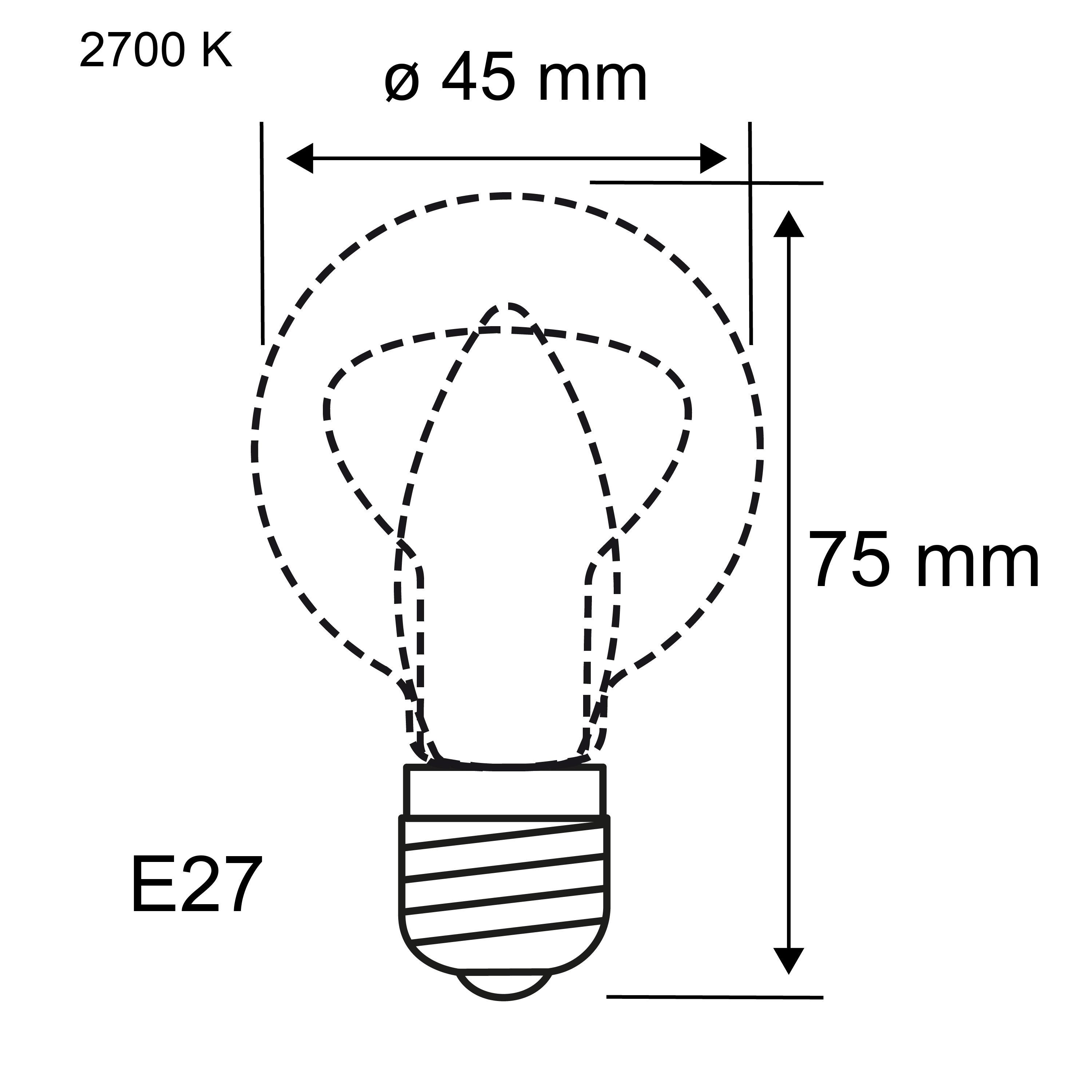 Technische tekening van een E27 LED-lamp met 45 mm diameter en 75 mm hoogte, 2700 K kleurtemperatuur