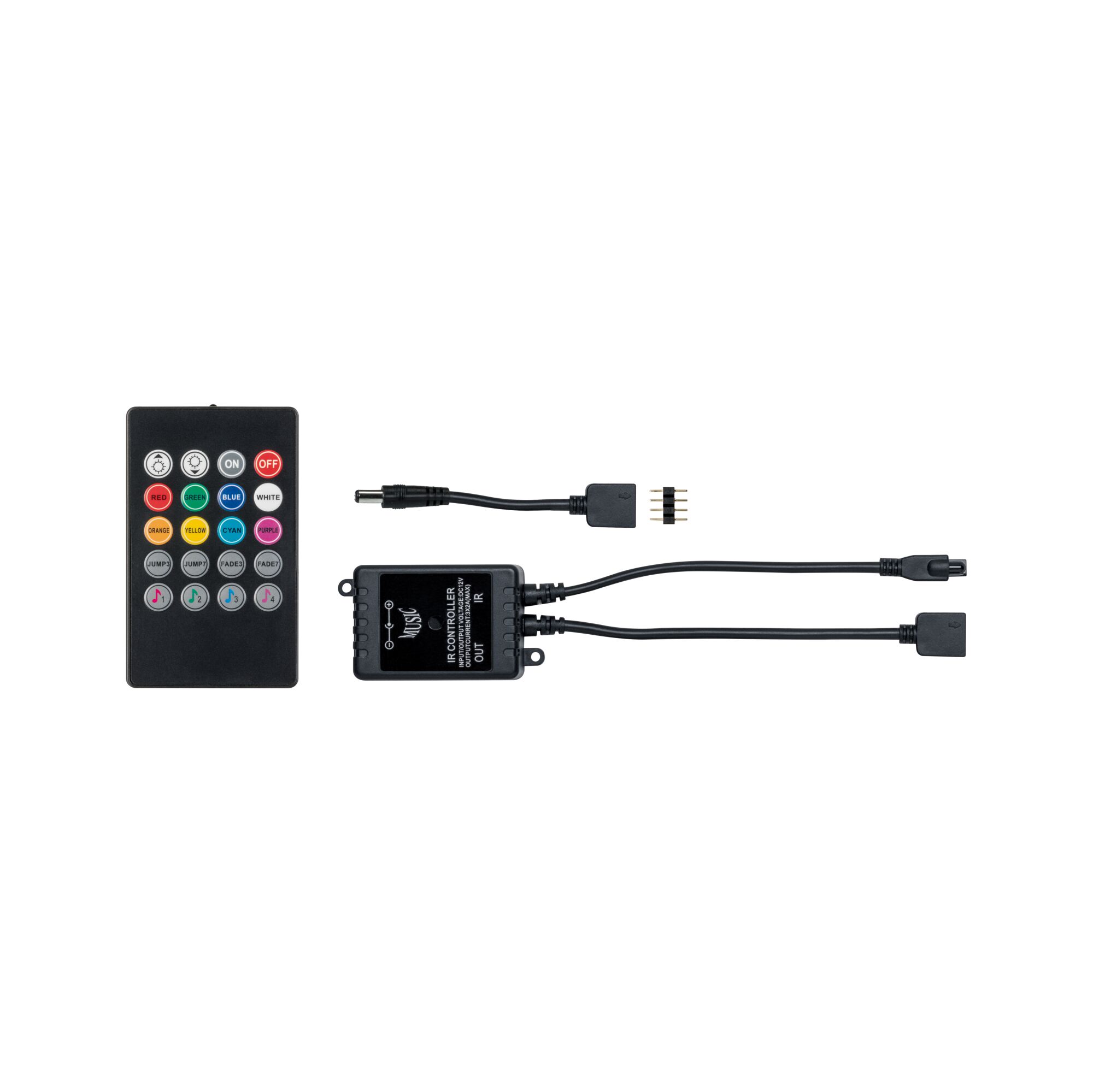 Black IR remote with controller and cables for LED light control featuring color selection and music mode
