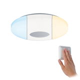Round ceiling light with color temperature change in white, blue and warm white, controlled by wall switch