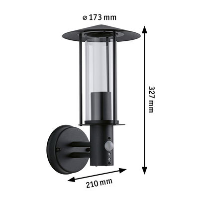 Zwarte buitenwandlamp van metaal met helder glas en bewegingssensor, afmetingen 327x210x173 mm
