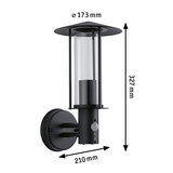 Sort udendørs væglampe i metal med klart glas og bevægelsessensor, mål 327x210x173 mm
