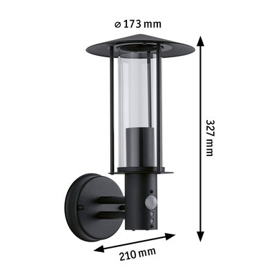 Sort udendørs væglampe i metal med klart glas og bevægelsessensor, mål 327x210x173 mm