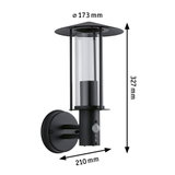 Sort udendørs væglampe i metal med klart glas og bevægelsessensor, mål 327x210x173 mm