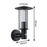 Schwarze Außenwandleuchte aus Metall mit klarem Glas und Bewegungsmelder, Maße 327x210x173 mm