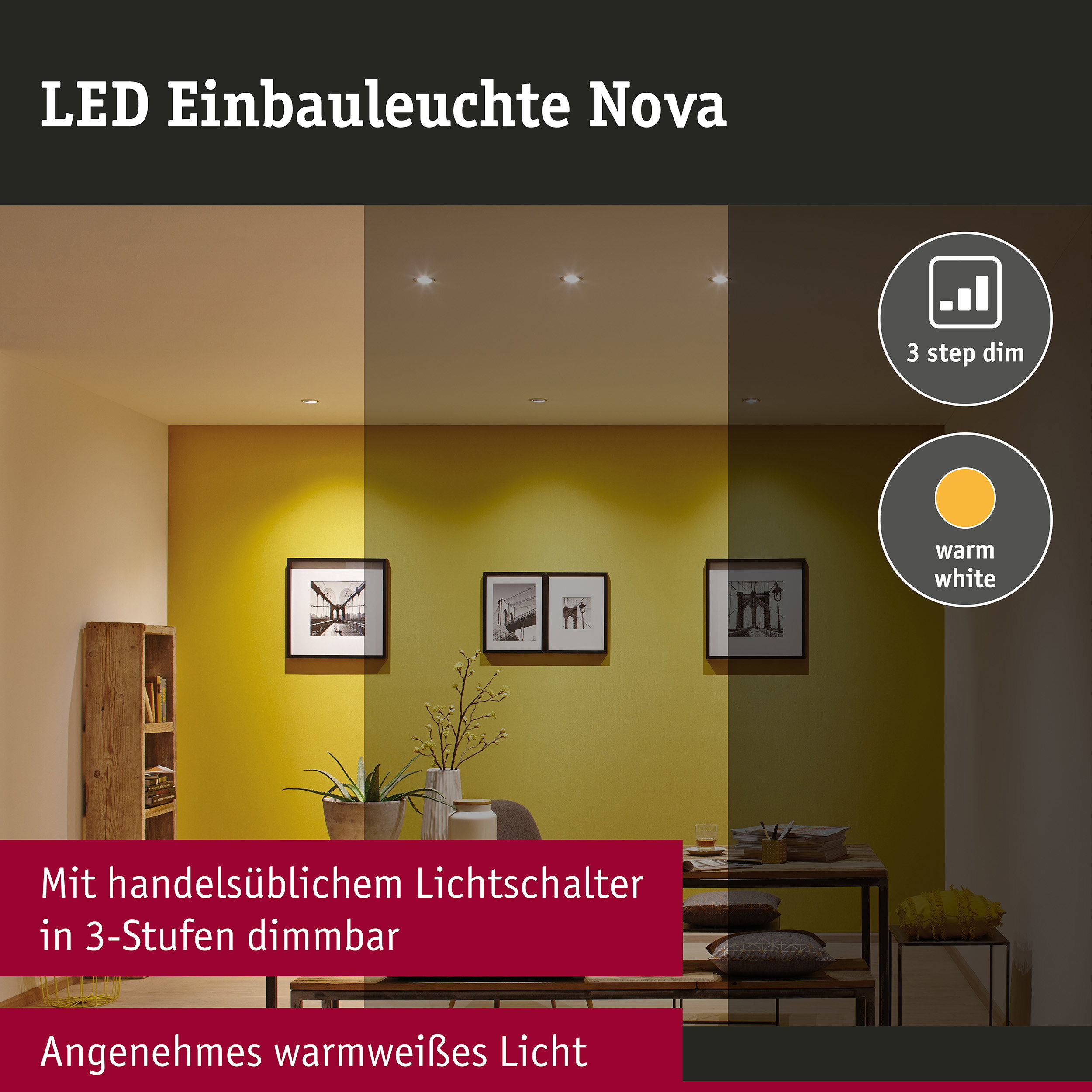 LED Einbauleuchte 3-Step-Dim Nova Coin starr IP44 rund 78mm Coin 6W 470lm 230V dimmbar 2700K Eisen gebürstet