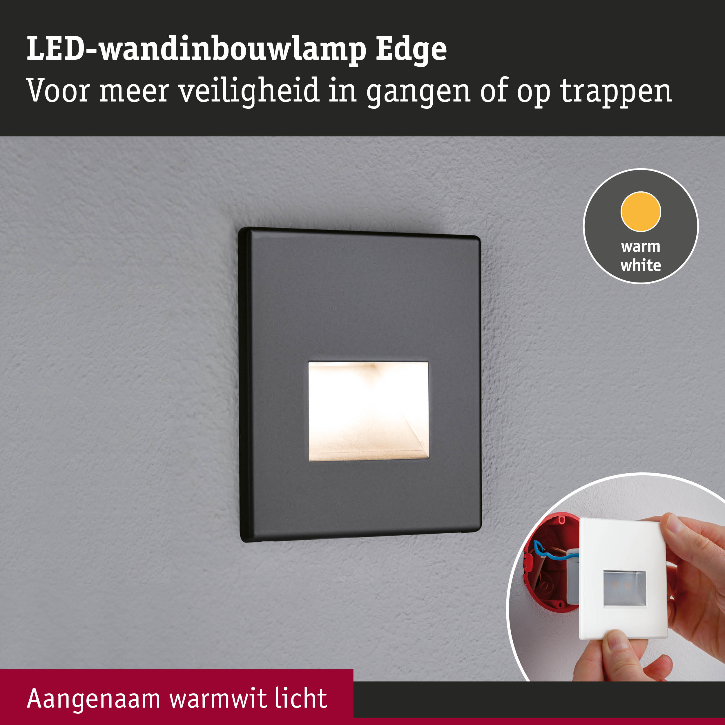 Zwarte LED-wandinbouwlamp Edge met warmwit licht voor meer veiligheid in gangen en op trappen.