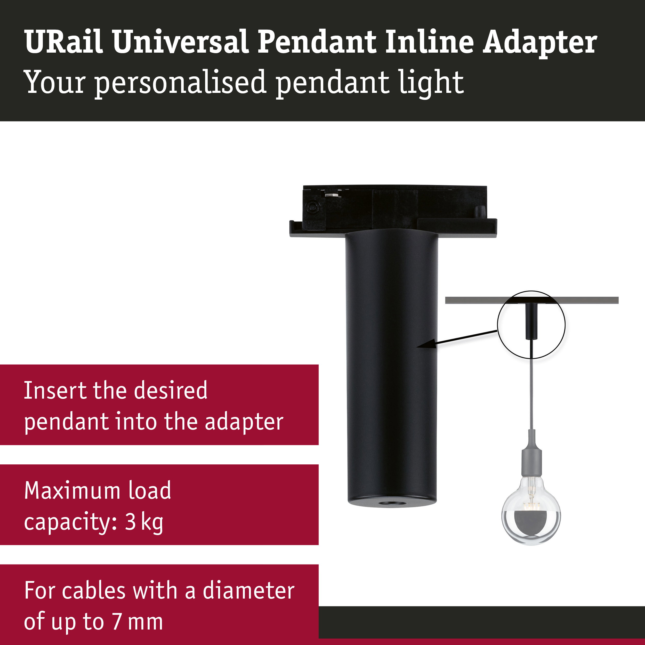 URail Pendant adapters Universal max. 50W 230V Black matt