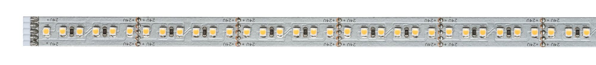 Long LED strip light with warm white LEDs on silver board for flexible lighting solutions
