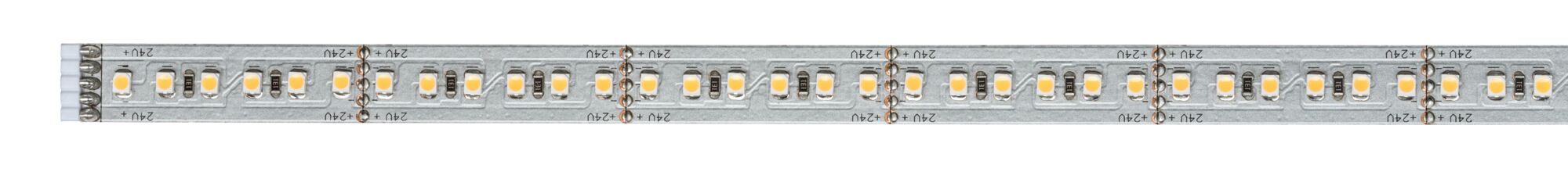 Long LED strip light with warm white LEDs on silver board for flexible lighting solutions