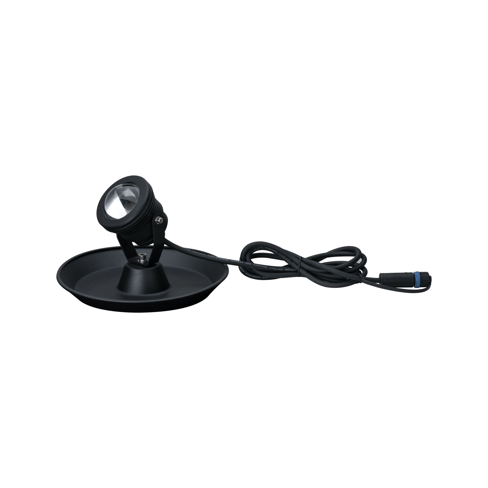 Black LED outdoor spotlight with cable and round metal base for garden lighting