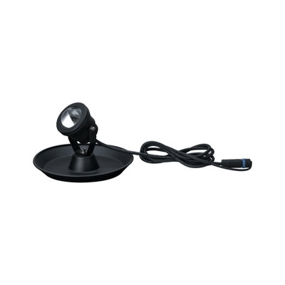 Black LED outdoor spotlight with cable and round metal base for garden lighting