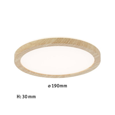 Round LED ceiling light with natural wood frame, 190 mm diameter, 30 mm height