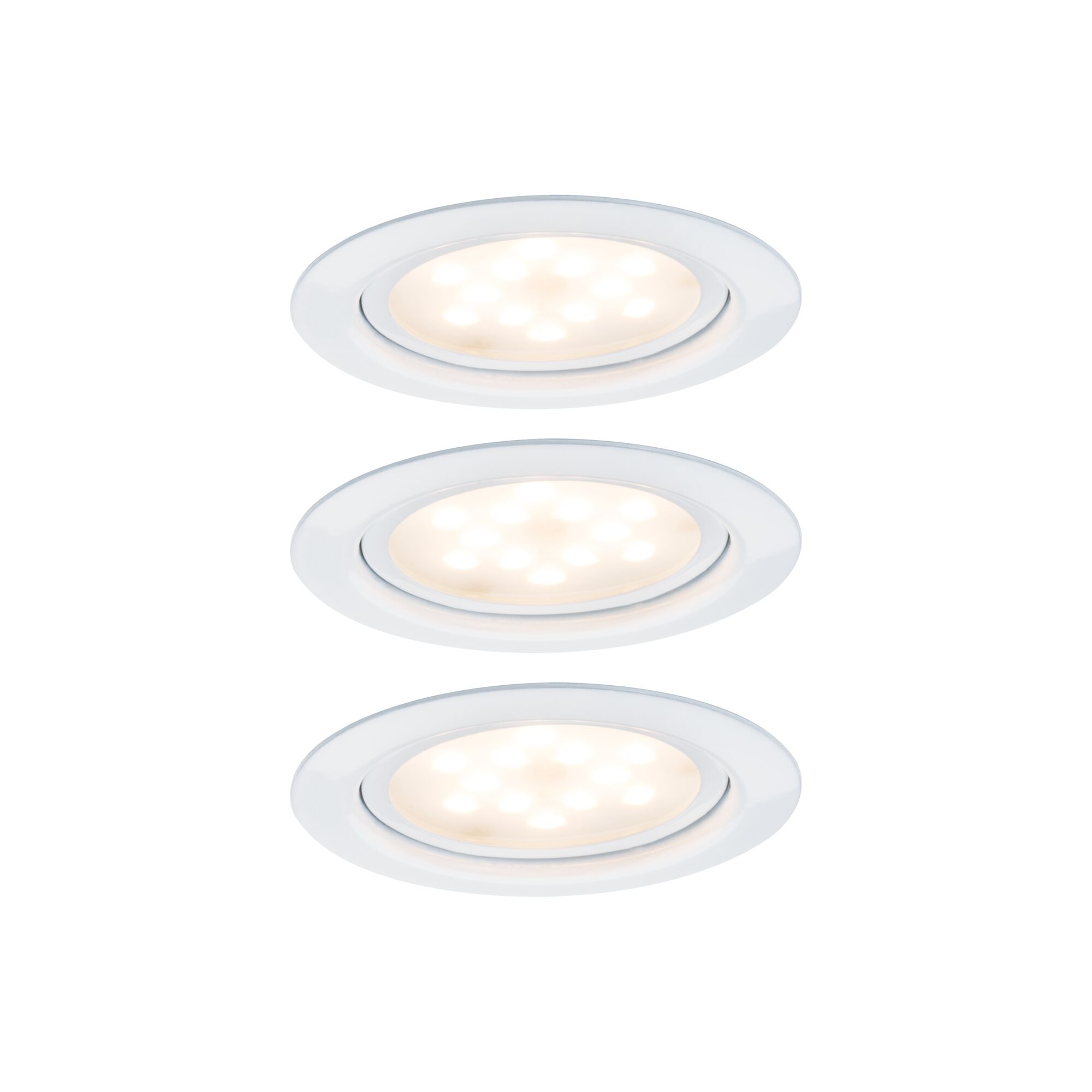 Drei weiße LED-Einbaustrahler mit warmweißem Licht und rundem Design für moderne Innenbeleuchtung