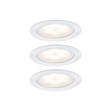 Drei weiße LED-Einbaustrahler mit warmweißem Licht und rundem Design für moderne Innenbeleuchtung