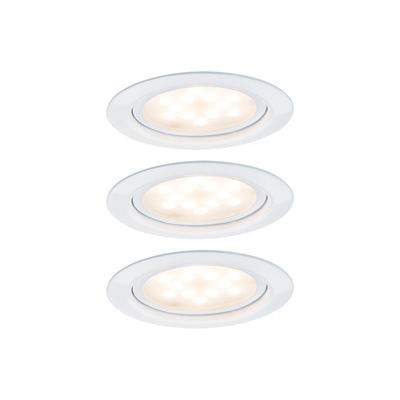 Drei weiße LED-Einbaustrahler mit warmweißem Licht und rundem Design für moderne Innenbeleuchtung