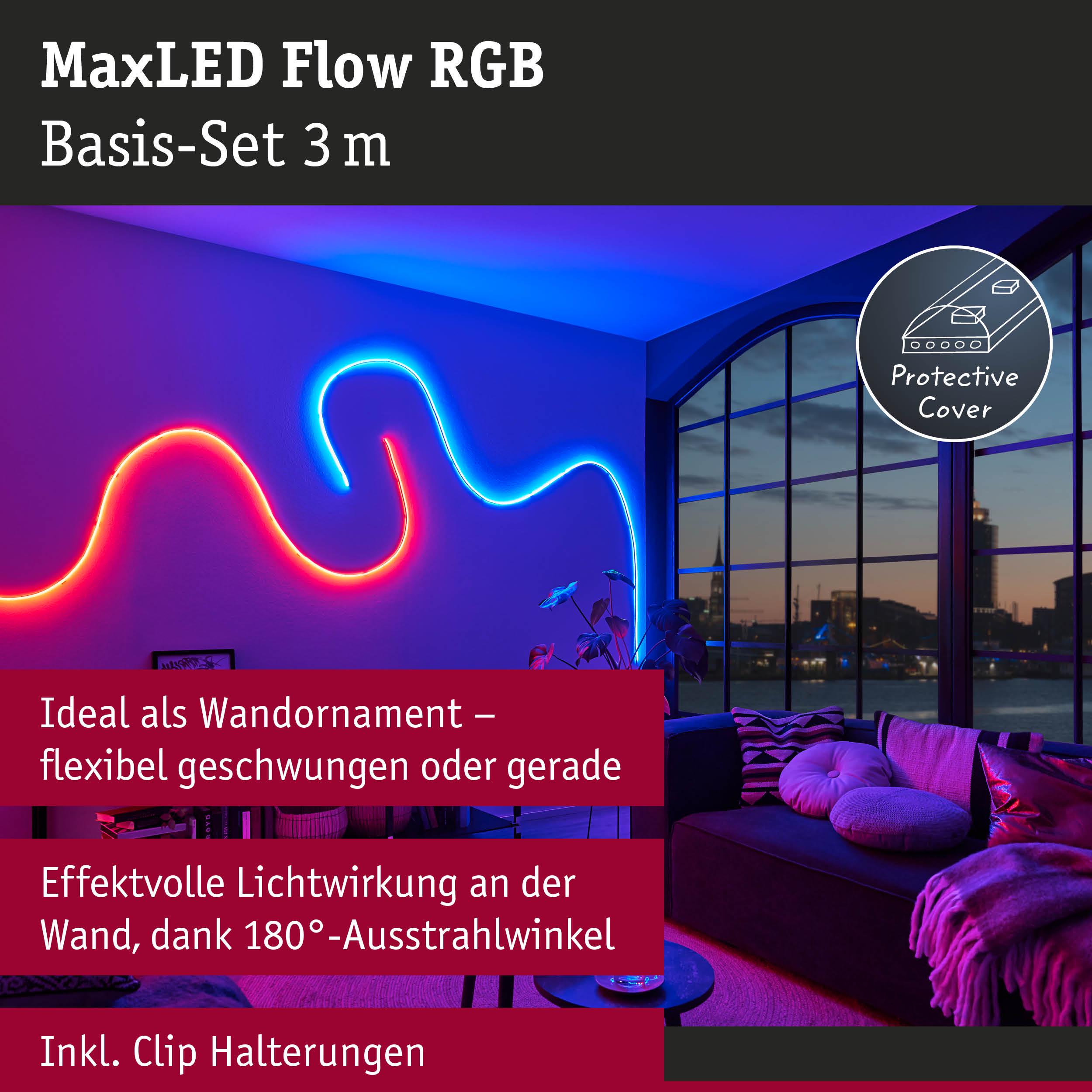 MaxLED Flow RGB LED-Lichtschlauch 3 m in Rot und Blau als flexibles Wandornament mit Clip-Halterungen