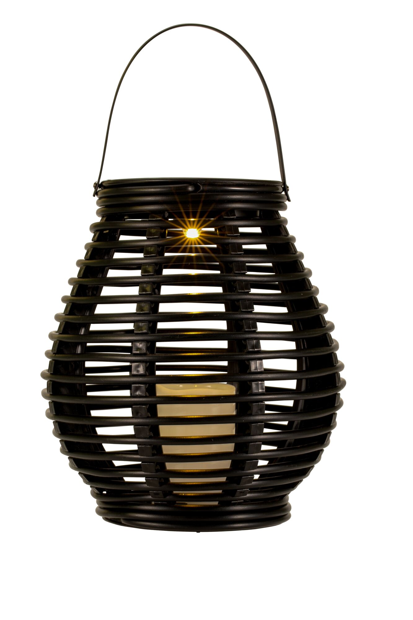 Black woven metal lantern with warm white LED light and handle for decorative ambient lighting