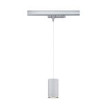 Modern grey aluminum pendant light with cylindrical shade and track system for indoor lighting