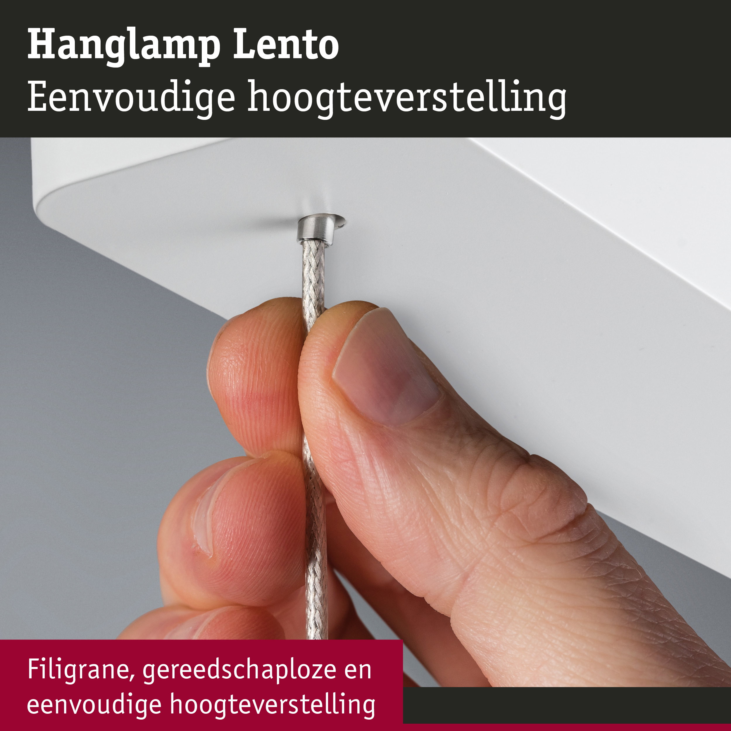 Close-up van hand die zilverkleurige kabel van witte Lento hanglamp vasthoudt met eenvoudige hoogteverstelling