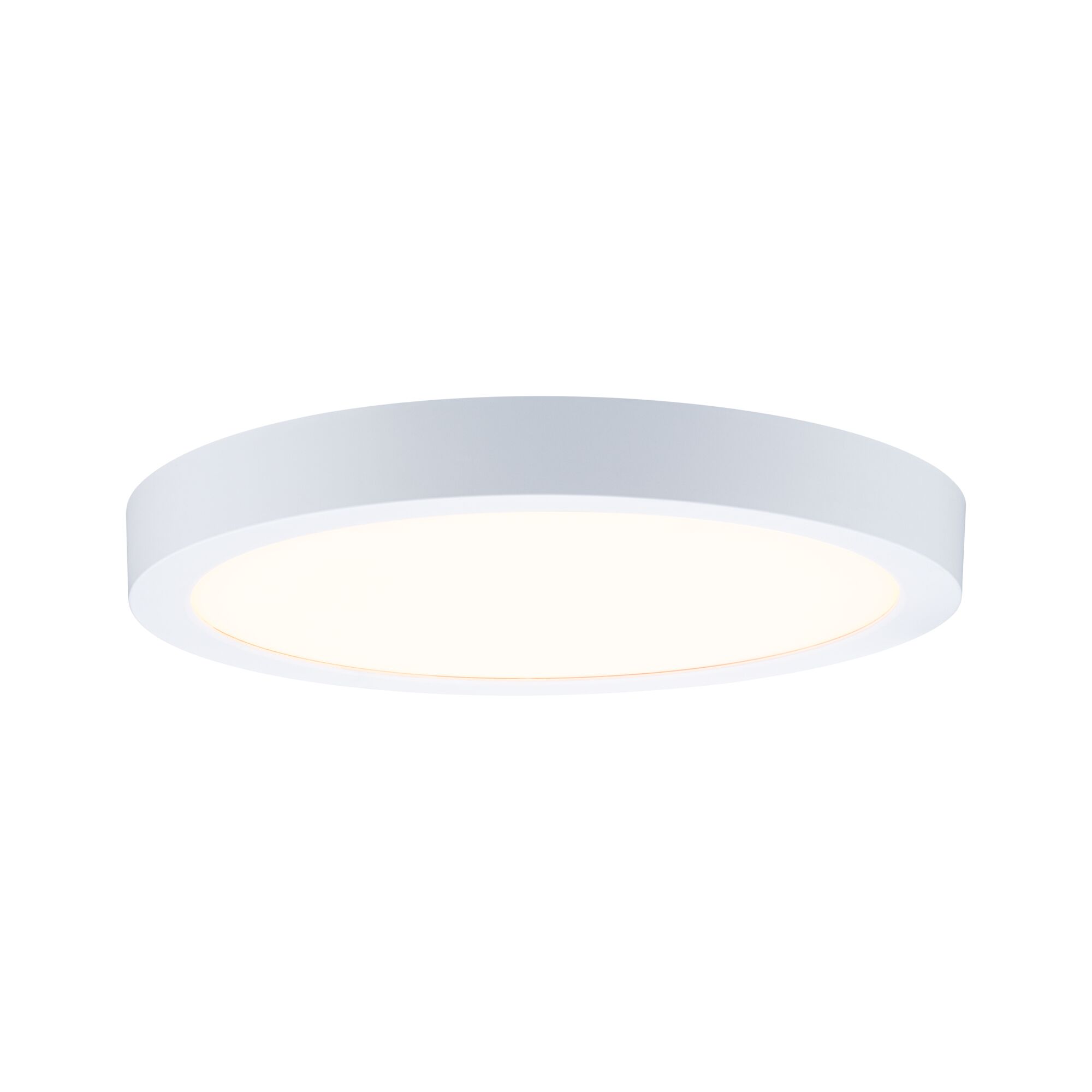 Round white metal LED ceiling light with warm white illumination for modern interiors