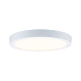 Round white metal LED ceiling light with warm white illumination for modern interiors