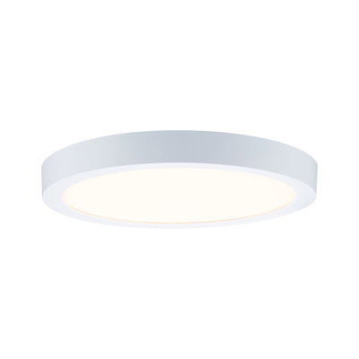 Round white metal LED ceiling light with warm white illumination for modern interiors