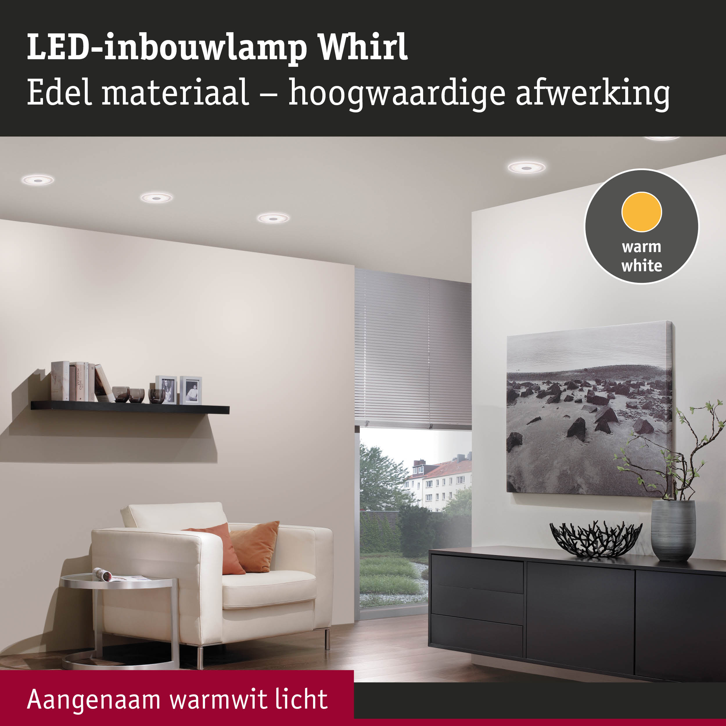 LED-inbouwlamp Whirl van edel materiaal met warmwit licht in een moderne woonkamer