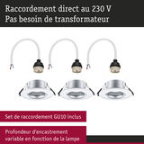 Set de trois spots encastrés argentés avec raccord GU10 pour connexion directe 230V sans transformateur