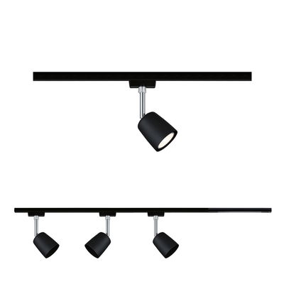 Sort metal LED-spot på sort skinne, justerbar til moderne indendørsbelysning