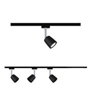 Black metal LED spotlight with adjustable head on black rail for modern indoor lighting solutions