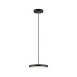 Zwarte metalen LED-hanglamp met rond, plat ontwerp voor moderne binnenverlichting.